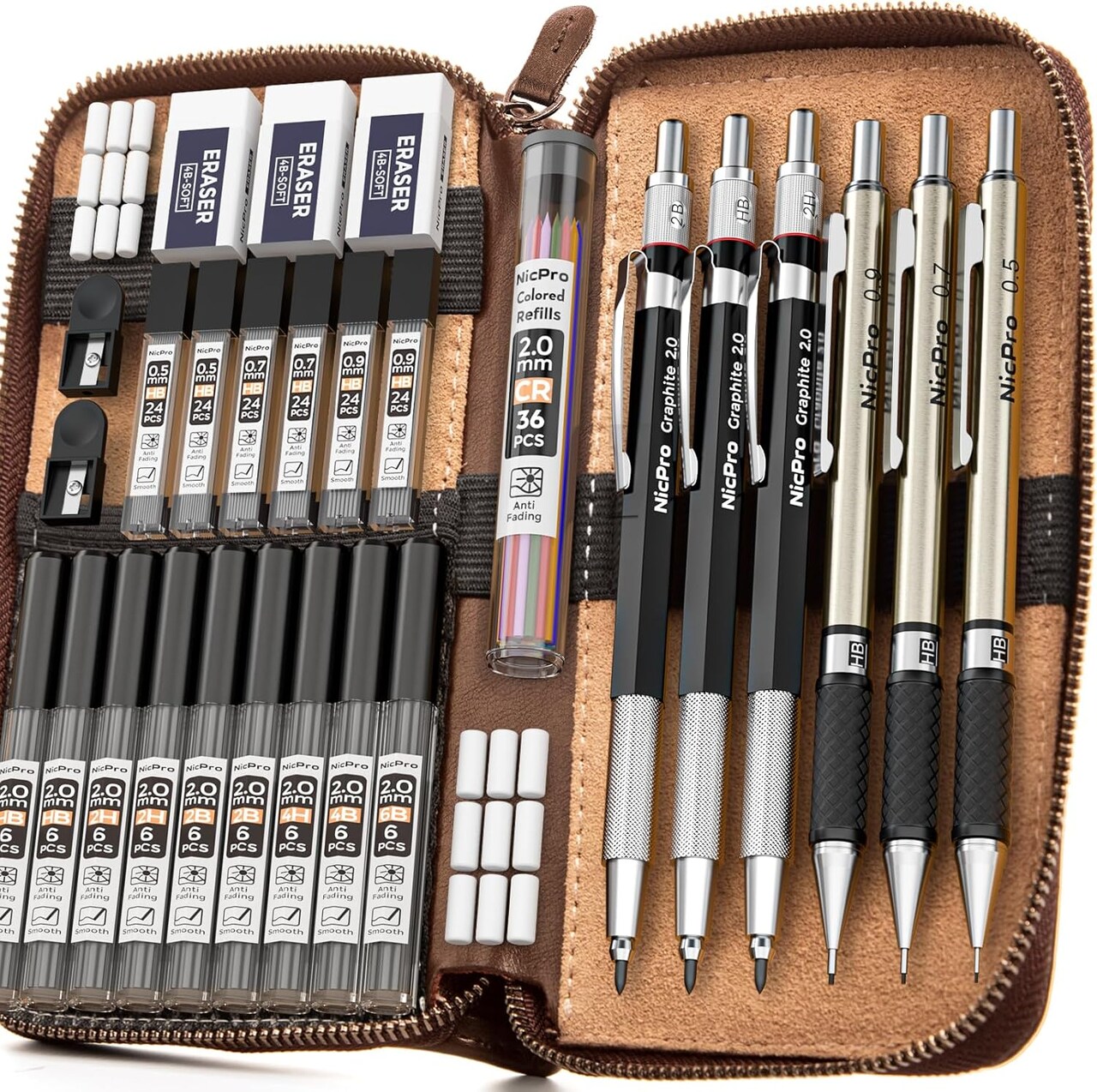 30PCS Art Mechanical Pencil Set in Leather Case, Metal Drafting Pencil 0.5 mm, 0.7 mm, 0.9 mm & 3 PCS 2mm Lead Holders for Sketching Drawing With 16 Tube (6B 4B 2B HB 2H 4H Colors) Lead Refills